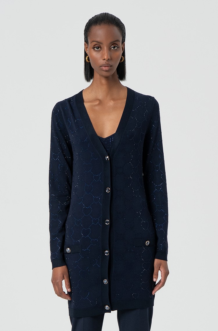 FRACOMINA Long cardigan with rhinestone heart pattern Dark Blue 