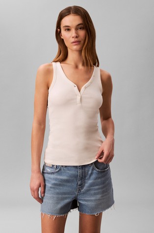 Slim fit rebrasta majica brez rokavov s henley ovratnikom