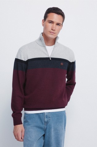 Pleten pulover z delno zadrgo in barvnimi bloki