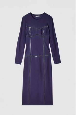 Jersey midi obleka z dolgimi rokavi in povoskanimi šivi