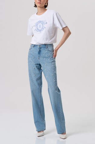 Jeans regular fit with push-up effect and pearls made in denim with light wash