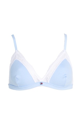 TOMMY HILFIGER Rebrast nepodložen triangel modrček s čipkasto obrobo Modra - Blue / White 5