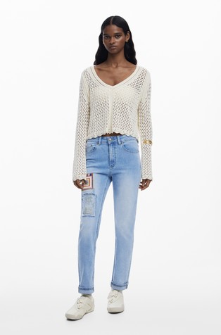 DESIGUAL Luknjičasto pleten pulover Bela - Cream 3