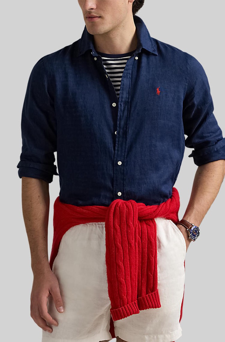 RALPH LAUREN Custom Fit Linen Shirt Newport Navy 