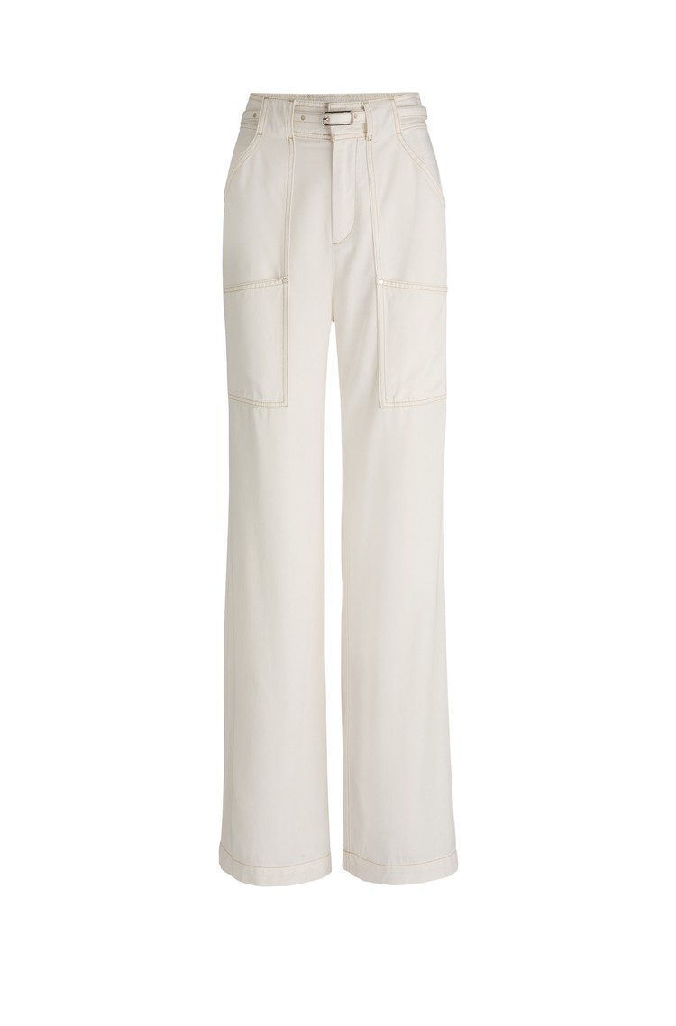HUGO BOSS Wide-leg trousers with belt and contrast stitching Natural 