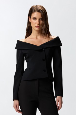 Slim fit suknjič iz krep tkanine z odkritimi rameni