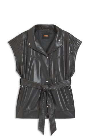 Sleeveless jacket in faux leather with belted closure