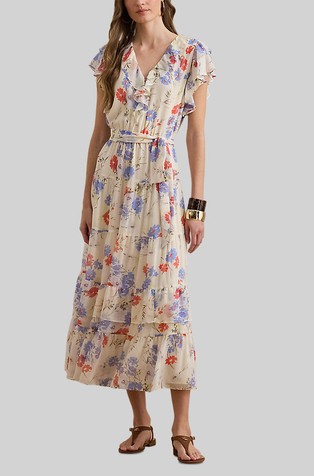 Floral Belted Georgette Tiered Dress