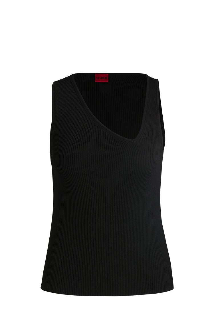 HUGO BOSS Rebrasto pleten top z asimetričnim V-izrezom Črna - Black 