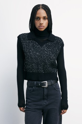 Cropped pleten brezrokavnik z bleščicami