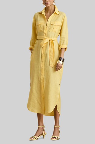 Lanena midi srajčna obleka s pasom