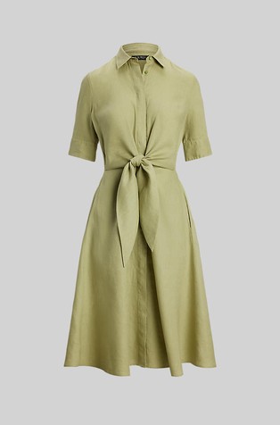 RALPH LAUREN Lanena srajčna obleka z zavezovanjem v pasu Zelena - Light Olive 4