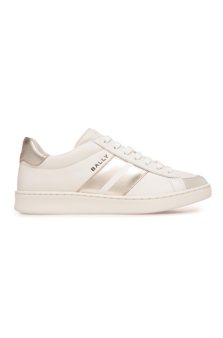 BALLY Usnjene superge s kovinsko svetlečimi vstavki Bela - White/Gold 