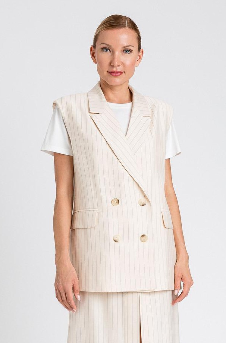 TWINSET Striped viscose double-breasted vest Beige-Black Stripe 