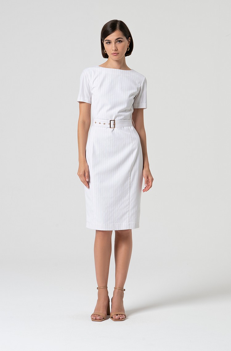 FRACOMINA Slim fit belted dress in pinstriped fabric White 