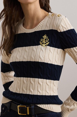 RALPH LAUREN Pleten črtast pulover z dekorativnimi gumbi Bež - Mascarpone Cream/Lauren Navy 3