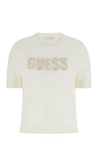 Pletena majica z logotipom iz okrasnih kamenčkov