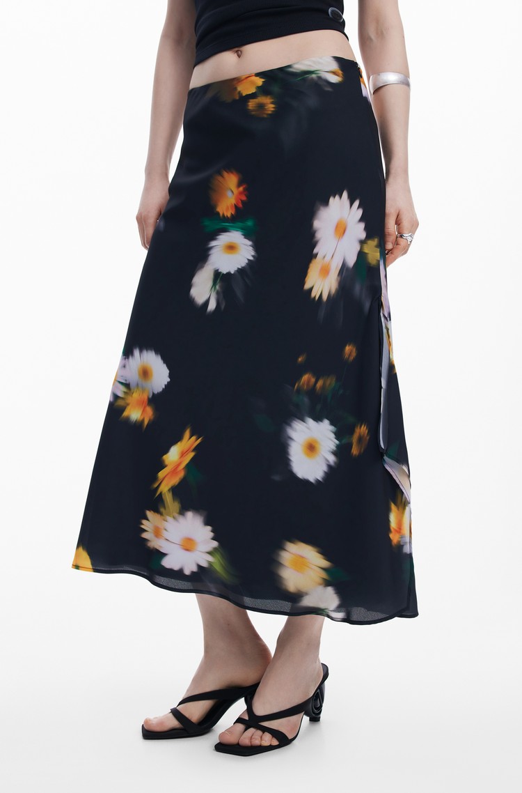 DESIGUAL Midi krilo z zabrisanim cvetličnim motivom Črna - Black 