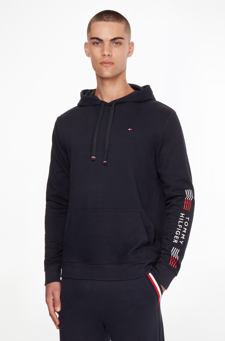 TOMMY HILFIGER TH Stretch pulover s kapuco in logotipom na rokavu Modra - Blue 