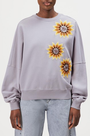 Oversized fit pulover z vezenimi motivi sončnic