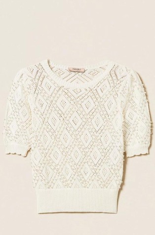 Cotton-knit short-sleeved jumper with pearls