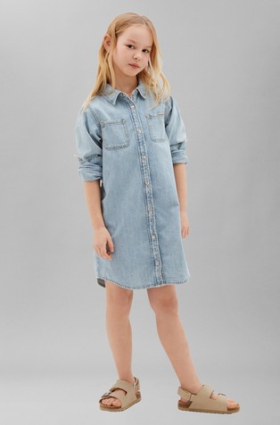 Denim Long Sleeved Shirt Dress With Belt