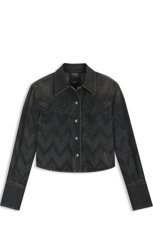 Cropped denim srajca z okrasnimi kamenčki