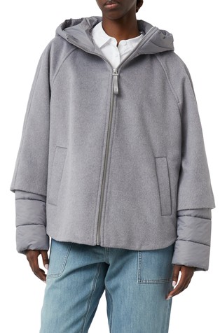 Široka jakna iz volnene mešanice s prešito kapuco in rokavi