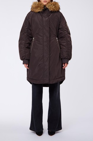 Padded jacket with hood and faux-fut trim