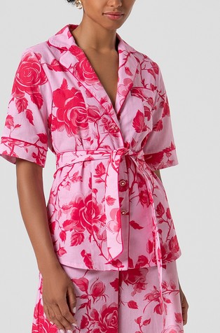 Cotton and linen short-sleeved shirt with flowery pattern