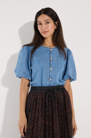 Denim blouse with puff sleeves