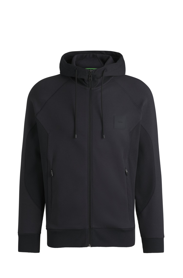 HUGO BOSS Stretch cotton-blend zip-up hoodie with logo patch Dark Blue 