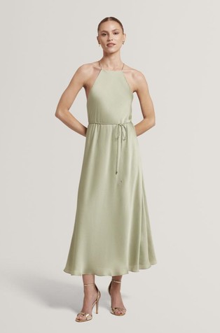 Satenasta midi obleka z globokim izrezom zadaj