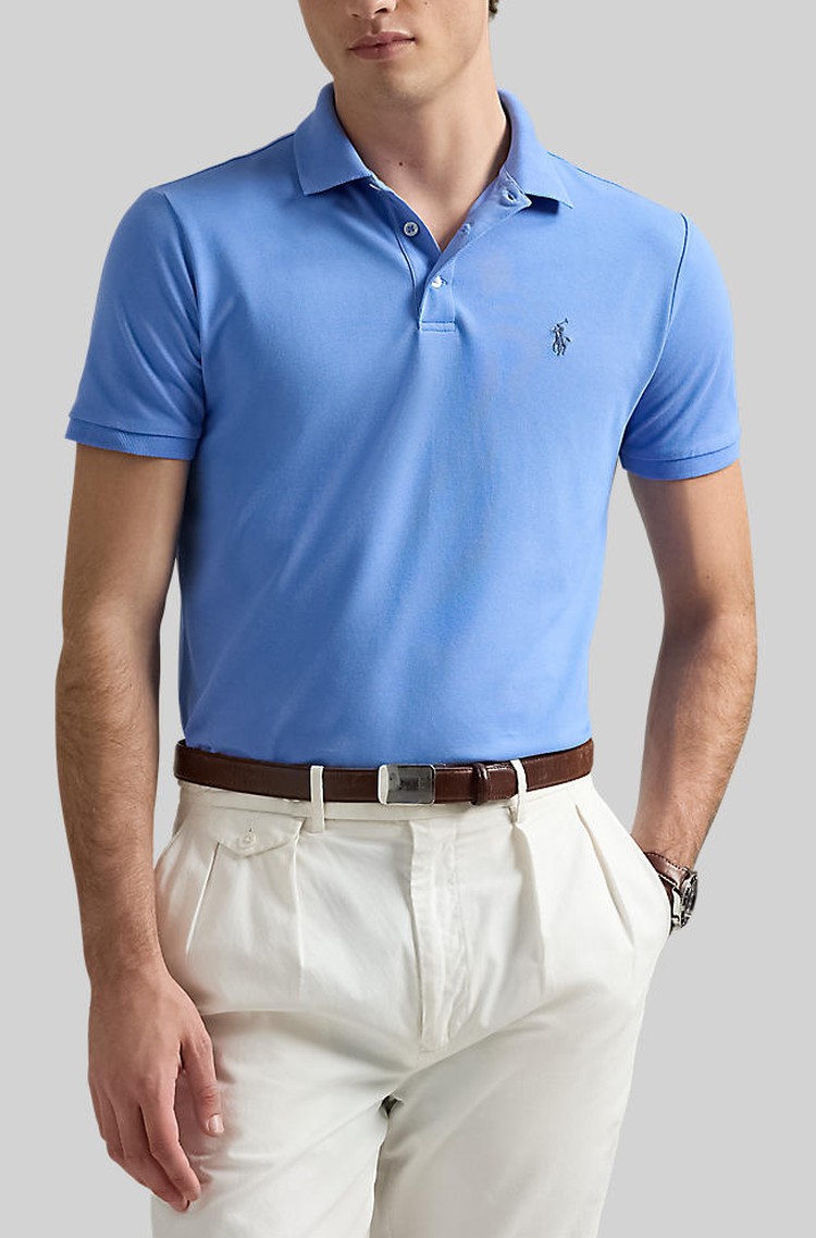 RALPH LAUREN Custom slim fit raztegljiva polo majica z mrežasto strukturo Modra - Canvas Blue 