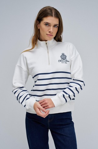 Črtast pulover z delno zadrgo