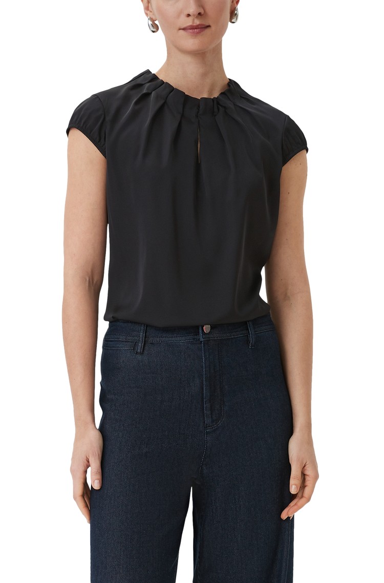 COMMA Satenasta bluza z nabranim ovratnikom Črna - Black 