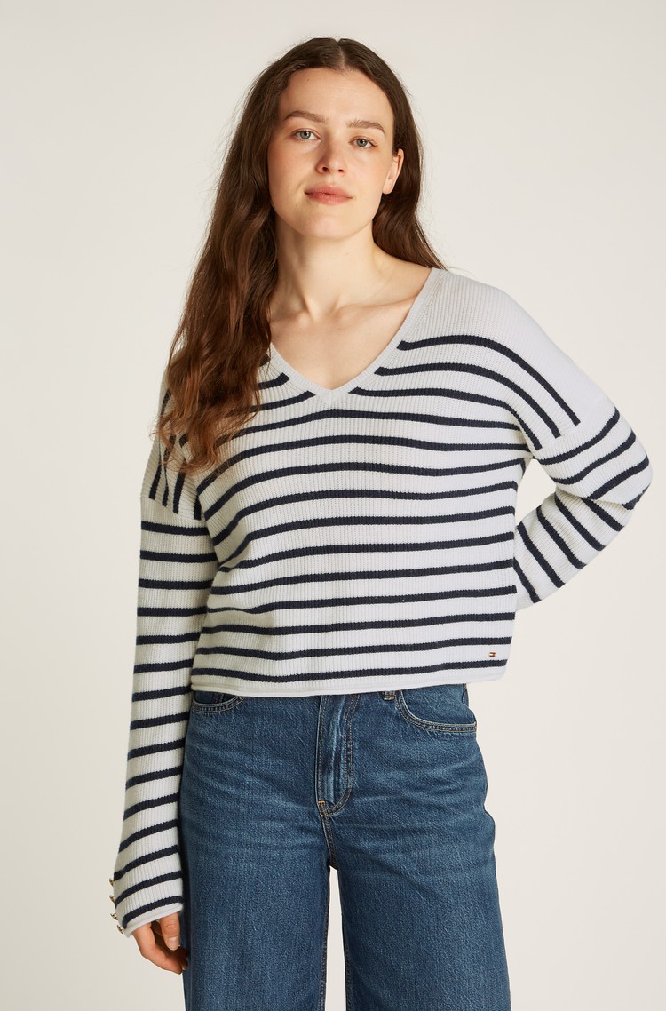 TOMMY HILFIGER Relaxed fit črtast pulover iz volnene mešanice Večbarvna - White / Blue 