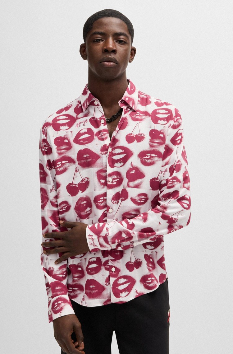 HUGO BOSS Slim-fit viscose shirt with seasonal print White With Print 