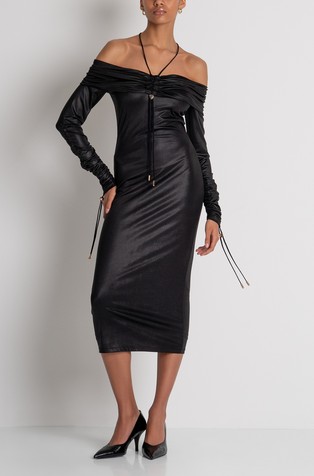 Slim fit midi obleka iz povoskane tkanine z odkritimi rameni