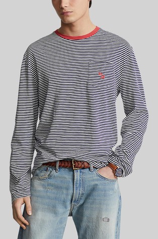 Regular fit črtasta bombažna majica z dolgimi rokavi