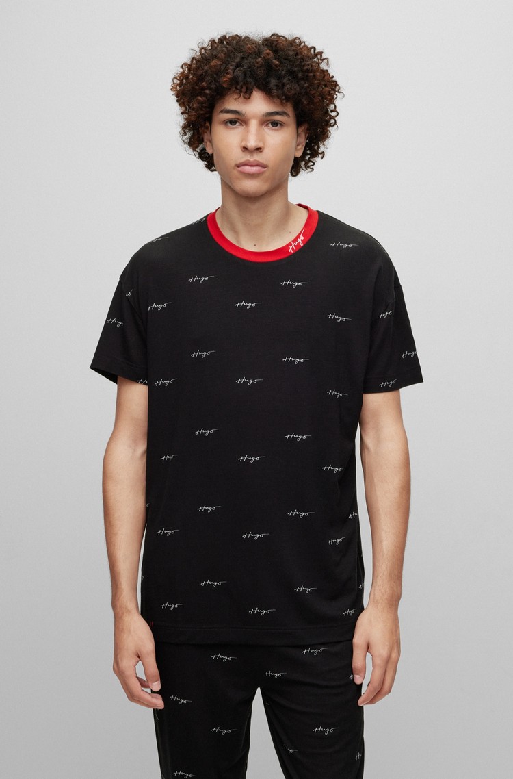 HUGO BOSS Bombažen zgornji del pižame z vzorcem ročno napisanih logotipov Črna - Black 