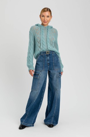 Cargo jeans hlače z visokim pasom