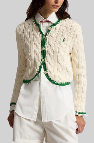 Cable-knit Short Cardigan with Contrast Trims
