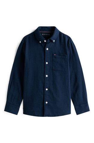 TOMMY HILFIGER Teksturirana bombažna srajca Modra - Dark Blue 4