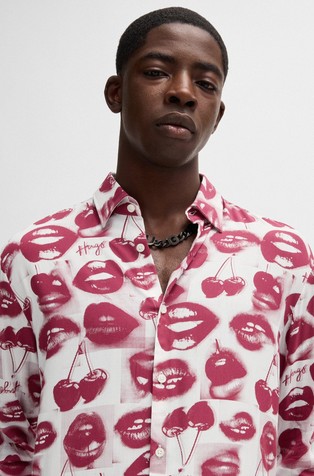 HUGO BOSS Slim-fit viscose shirt with seasonal print White With Print 3