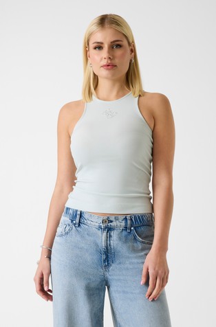 Rebrasta majica brez rokavov z logotipom iz okrasnih kamenčkov