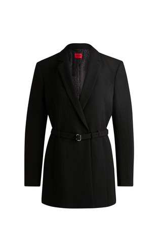 Long blazer in seersucker with buckled belt