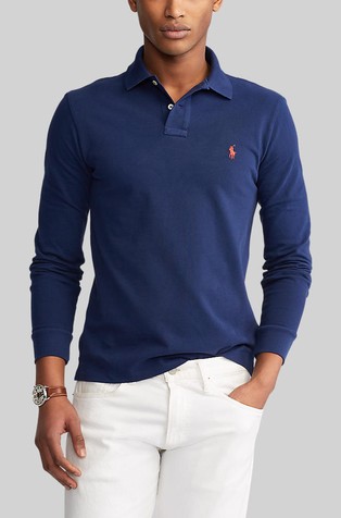 Slim fit bombažna polo majica z dolgimi rokavi