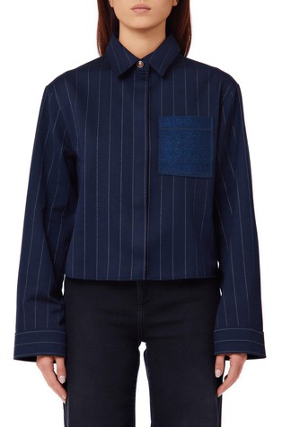 Striped shirt jacket with denim pocket