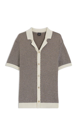 Pletena bombažna jopa s kratkimi rokavi in polo ovratnikom